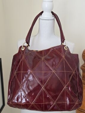 Plinio Visona Dark Red Quilted Patent Leather Tote Bag